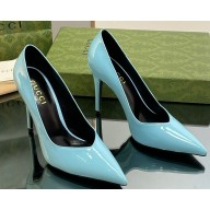 Gucci Heel 10.5cm Leather Pointy Toe Pumps Patent Blue 2023