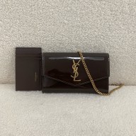 saint laurent Uptown patent leather wallet on chain burgundy 2024(original quality)