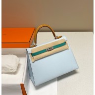 hermes kelly 25 bag in epsom leather blue/green/brown with silver hardware(handmade)
