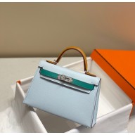 hermes mini kelly bag in epsom leather blue/green/brown with silver hardware(handmade)