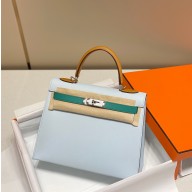 hermes kelly 28 bag in epsom leather blue/green/brown with silver hardware(handmade)