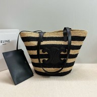 Celine STRIPED COUFFIN Classic Panier in RAFFIA AND CALFSKIN Natural / Black 2024