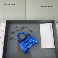 balenciaga hourglass mini handbag with chain metallized crocodile embossed shiny blue/silver