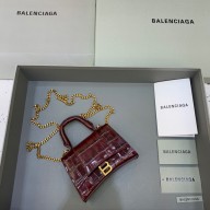 balenciaga hourglass mini handbag with chain metallized crocodile embossed burgundy/gold