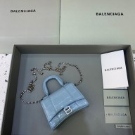 balenciaga hourglass mini handbag with chain metallized crocodile embossed blue/silver