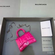 balenciaga hourglass mini handbag with chain metallized crocodile embossed fuchsia/silver