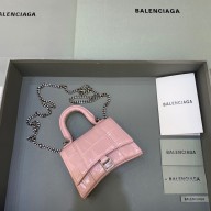 balenciaga hourglass mini handbag with chain metallized crocodile embossed light pink/silver