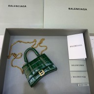 balenciaga hourglass mini handbag with chain metallized crocodile embossed dark green/gold