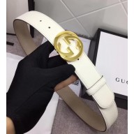 Gucci White Leather Belt with Interlocking G Buckle 370543 37MM Width Gold Hardware 2018