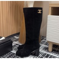 Chanel suede calfskin thigh boots with CC logo black heel 8.5cm 1213-2024