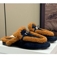 Hermes Oz Mule in suede goatskin with shearling blue 2024