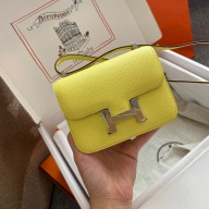Hermes mini constance bag in original epsom leather handmade lemon yellow with silver hardware