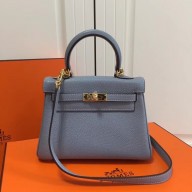 Hermes mini kelly 20 bag light blue in clemence leather with golden hardware