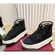Gucci women's/men's Tennis 1977 platform suede leather high top sneakers with shearling black 1031-2024  