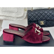 Chanel Velvet CC Logo slippers Burgundy heel 5cm 1122-2024