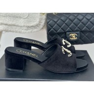 Chanel Velvet CC Logo slippers Black heel 5cm 1122-2024