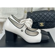 Chanel Lambskin & Metal Mary Janes White & Black 1122-2024