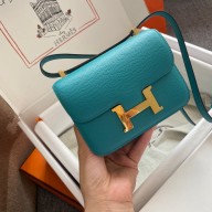 Hermes mini constance bag in original epsom leather handmade turquoise with gold hardware