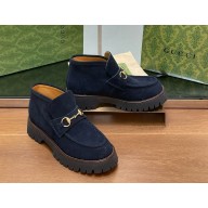 Gucci Women's/men's Sylke Horsebit suede Ankle Boot in blue heel 4.5cm 2024