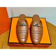 Hermes Kelly Buckle Oz Mules in fringed calfskin brown (original quality)