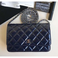 Chanel Patent Leather Classic Quilted WOC Bag Blue/Silver