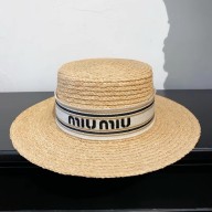 miu miu Women's White Logo Strap Raffia Boater hat 2024