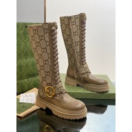 Gucci GG Canvas and Leather Long boots Brown with Round Interlocking G 2022