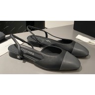 Chanel Heel 1.5cm Flat Slingbacks Leather Black/Gray 2023