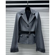 Dior Belted Jacket with Removable Scarf Gray Virgin Wool Tweed 1101-2024