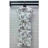 Dior Mid-Length Shirtdress White Cotton and Silk Poplin with Black Toile de Jouy Scotland Motif  1101-2024
