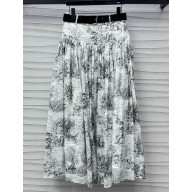 Dior Pleated Mid-Length Skirt White Cotton Denim with Black Toile de Jouy Scotland Motif 1101-2024