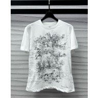Dior T-Shirt White Cotton and Linen Jersey with Black Toile de Jouy Scotland Motif 1101-2024