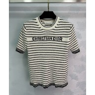 Dior Marinière Short-Sleeved Top Navy Blue and White Ribbed Cotton Knit 1101-2024