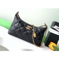 CHANEL Metallic Calfskin & gold-Tone Metal Hobo Handbag AS5528 black 2025