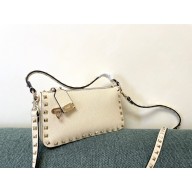 Valentino Small Rockstud Grainy Calfskin Crossbody Bag White