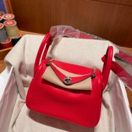 Hermes Mini Lindy 19cm Bag in original togo leather rouge de coeur with silver hardware(handmade)