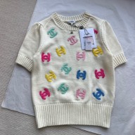 CHANEL CC emboridered KNIT SHORT-SLEEVED SWEATER WHITE 2024 SPRING