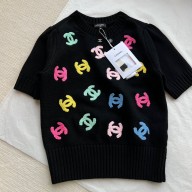 CHANEL CC emboridered KNIT SHORT-SLEEVED SWEATER BLACK 2024 SPRING