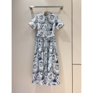 dior Navy Blue and White Silk and Cotton Poplin with Toile de Jouy Soleil Motif Mid-Length Shirt Dress 2024