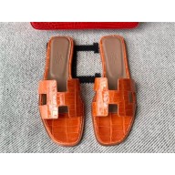 Hermes Oran Flat slippers in aligátor LEATHER  Orange Poppy 2024