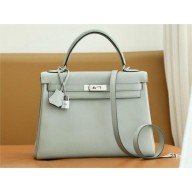 Hermes Kelly 32cm Bag In Original swift Leather gris mouette with silver hardware 2025(original quality+handmade)