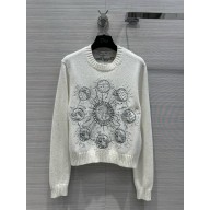 dior White Cashmere Knit with Gray Dior Phases Lunaires Motif Embroidered Sweater 2024