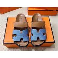 Hermes Chypre sandals in denim and calfskin bleu clair / naturel 2024
