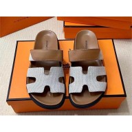 Hermes Chypre sandals in canvas and calfskin prunoir / naturel 2024