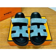 Hermes Chypre sandals in suede goatskin bleu minéral 2024