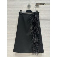 PRADA Feather-trimmed wool midi-skirt BLACK 2024