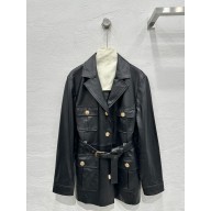 CHLOE BLACK Belted glossed textured-leather jacket 2025