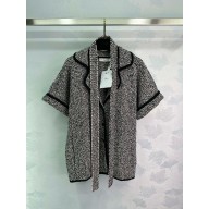DIOR Black Wool-Blend Heathered Textured Knit Short-Sleeved Belted Jacket 2024
