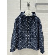 DIOR White Technical Taffeta Jacquard with Navy Blue Miss Dior Allover Motif Waterproof Hooded Jacket 2024