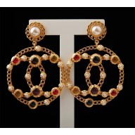 Chanel CC Hoop Clip-on Earrings with Multicolor Stones AB0271 Gold 2018